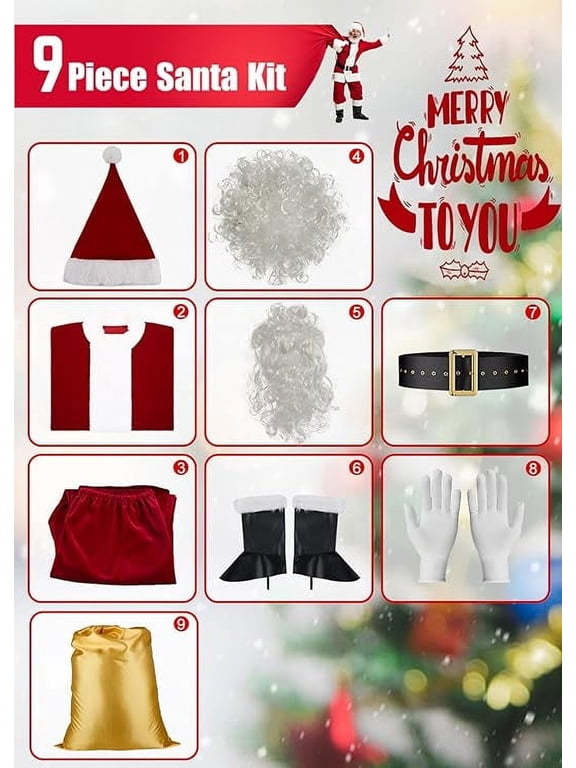 Santa Claus Costume Men Christmas Fancy-Dress Costumes with Beards, Plus Size 9 Pcs