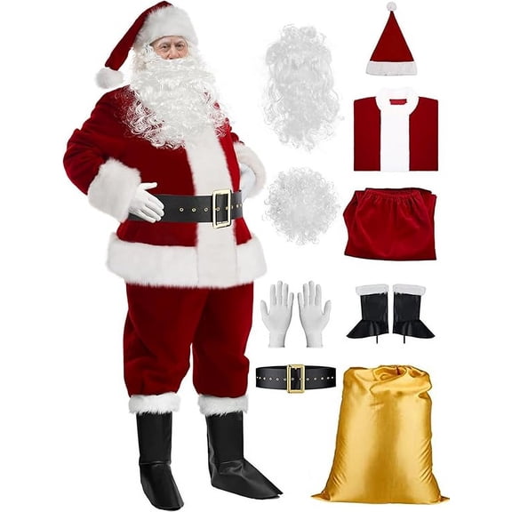 Festive Find Store Santa Claus Men's Christmas Costume Set with Beards for Adult, Men's XL 9 Piece