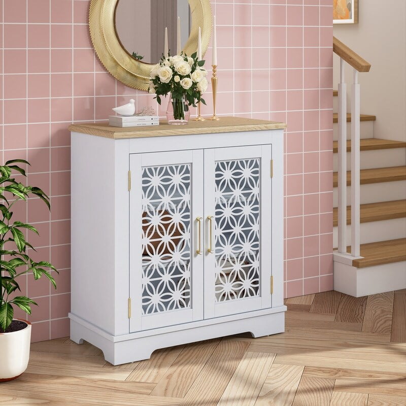 Rustic Grayish-White 30" Storage Sideboard with Sliding Barn Doors