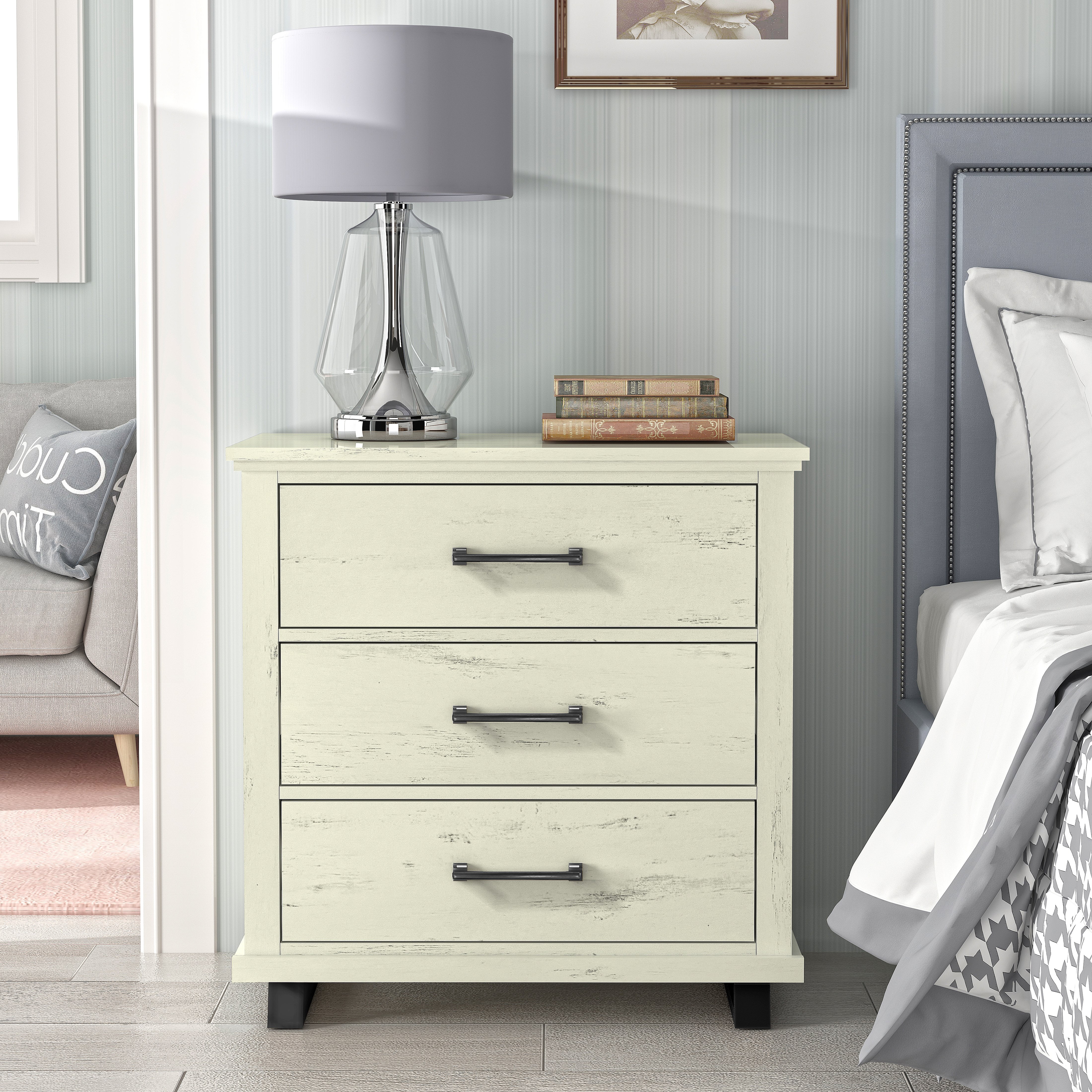 FESTIVO 32 inch Wide 3 Drawer Bedroom Nightstand with Elevated Metal Legs Beige