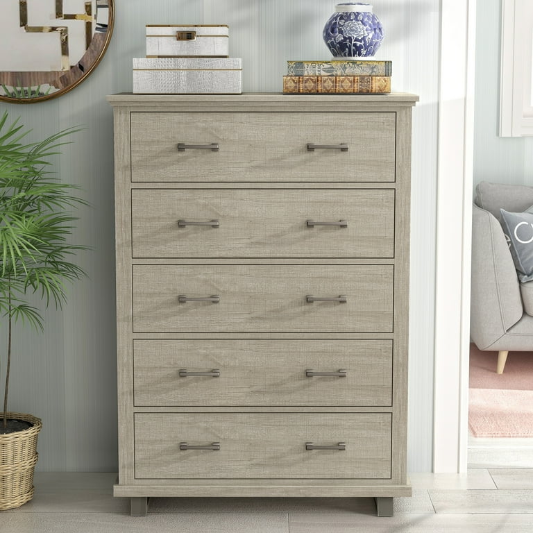 Festivo Long Horizontal Chest Furniture 38 inch Wide Beige 5 Drawer Tall Dresser