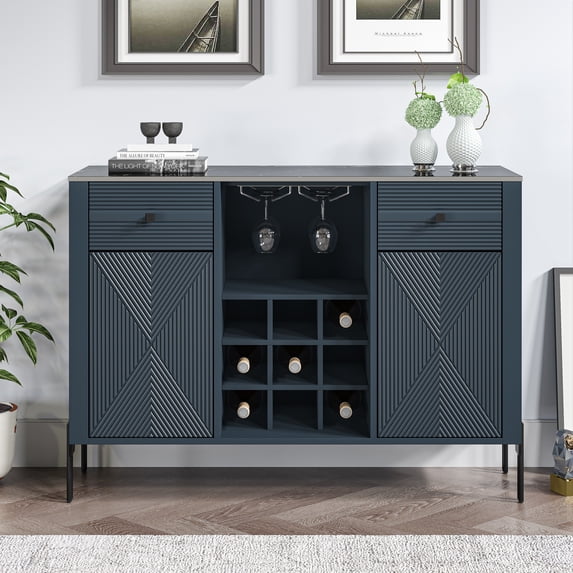 FESTIVO 42" Modern Wine Cabinet with Metal Glass Rack and Drawers - Navy Blue