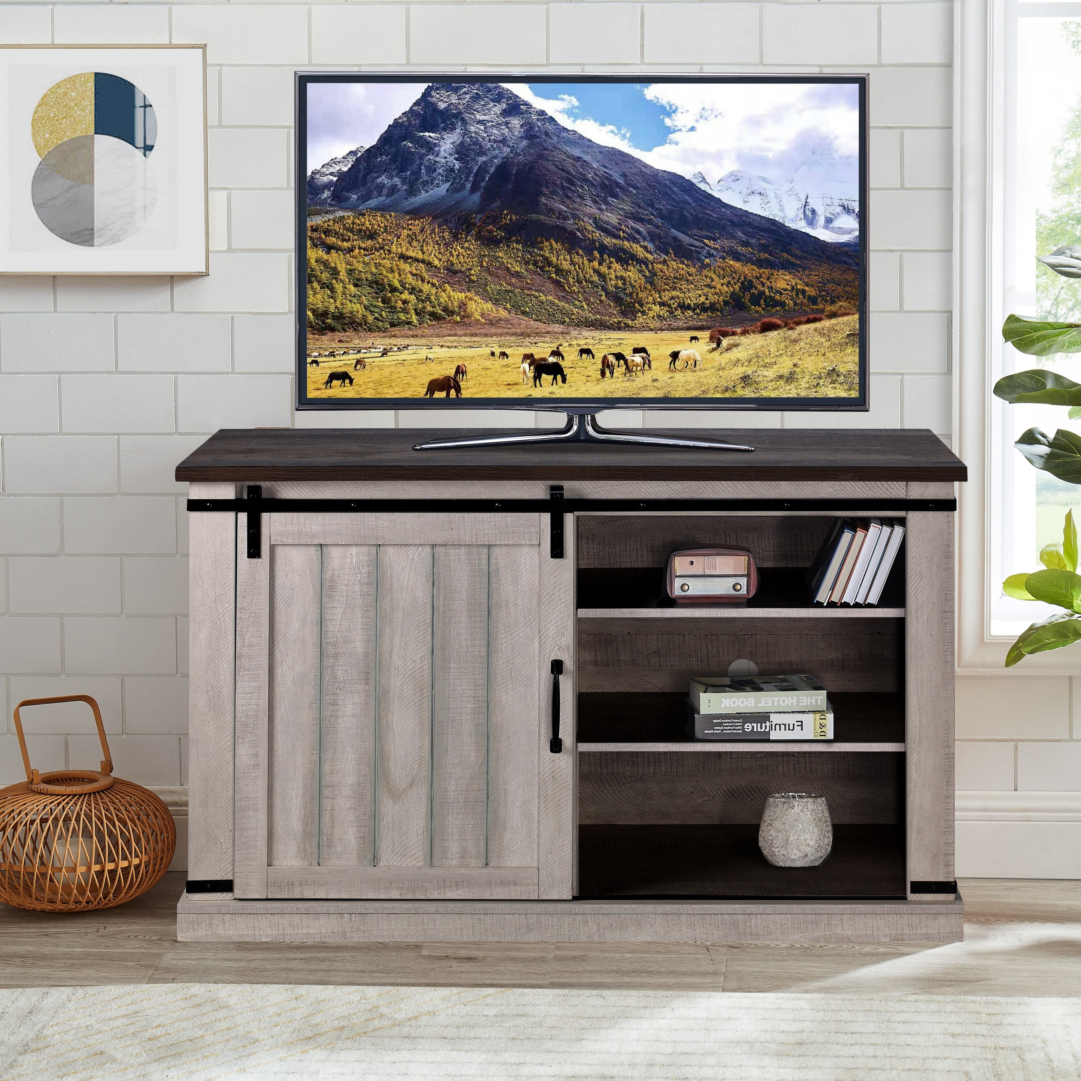 Saw Cut Off White Rustic Sliding Barn-Door TV Stand