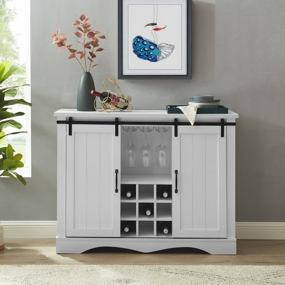 FESTIVO 47 in. White Wood Buffet Bar Cabinet with Barn Door with Marbling Pattern Countertop