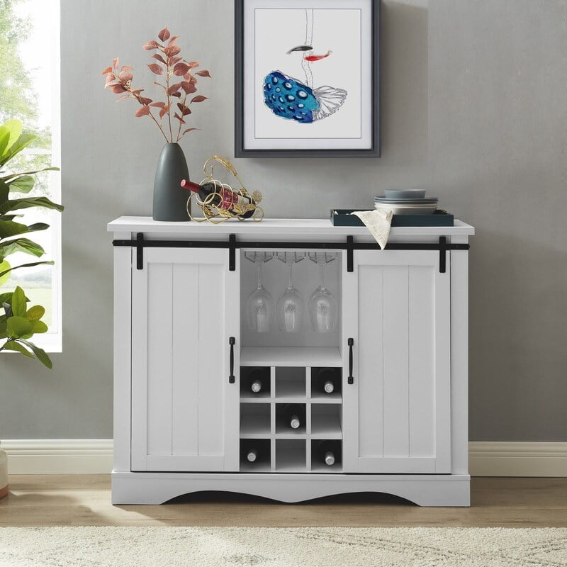 Rustic 47" White Wood Bar Cabinet with Marbling Countertop & Barn Doors