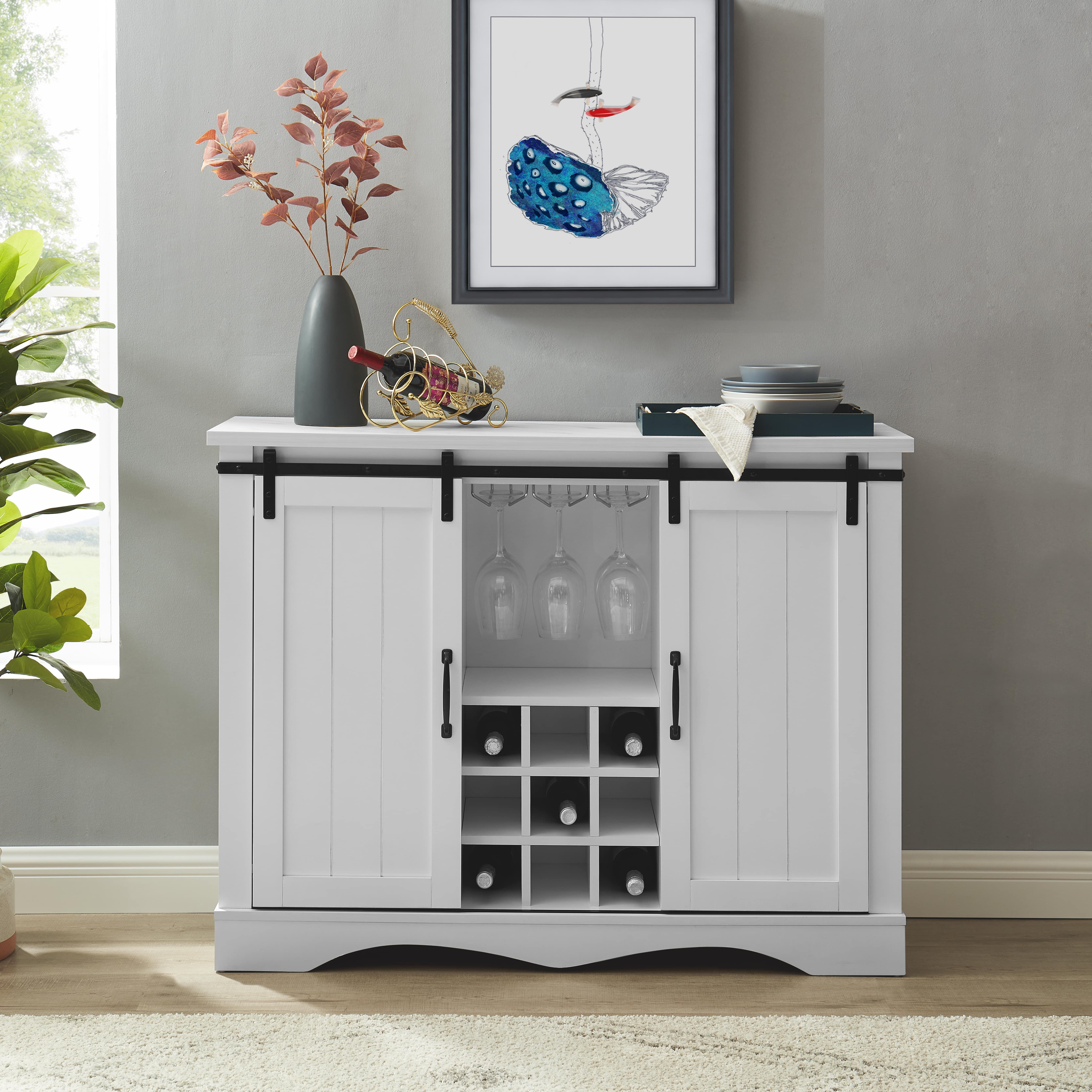 Rustic 47" White Wood Bar Cabinet with Marbling Countertop & Barn Doors
