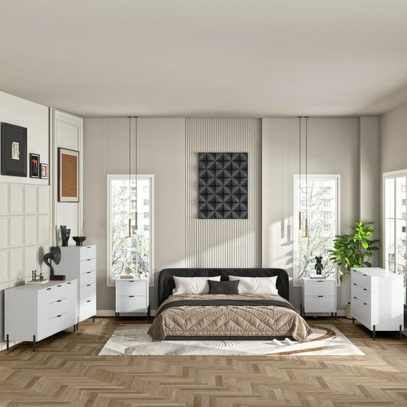 FESTIVO 5 Piece Bedroom Set - 2 of Nightstand, 2 of Dresser, 1 of Chest - Off-White