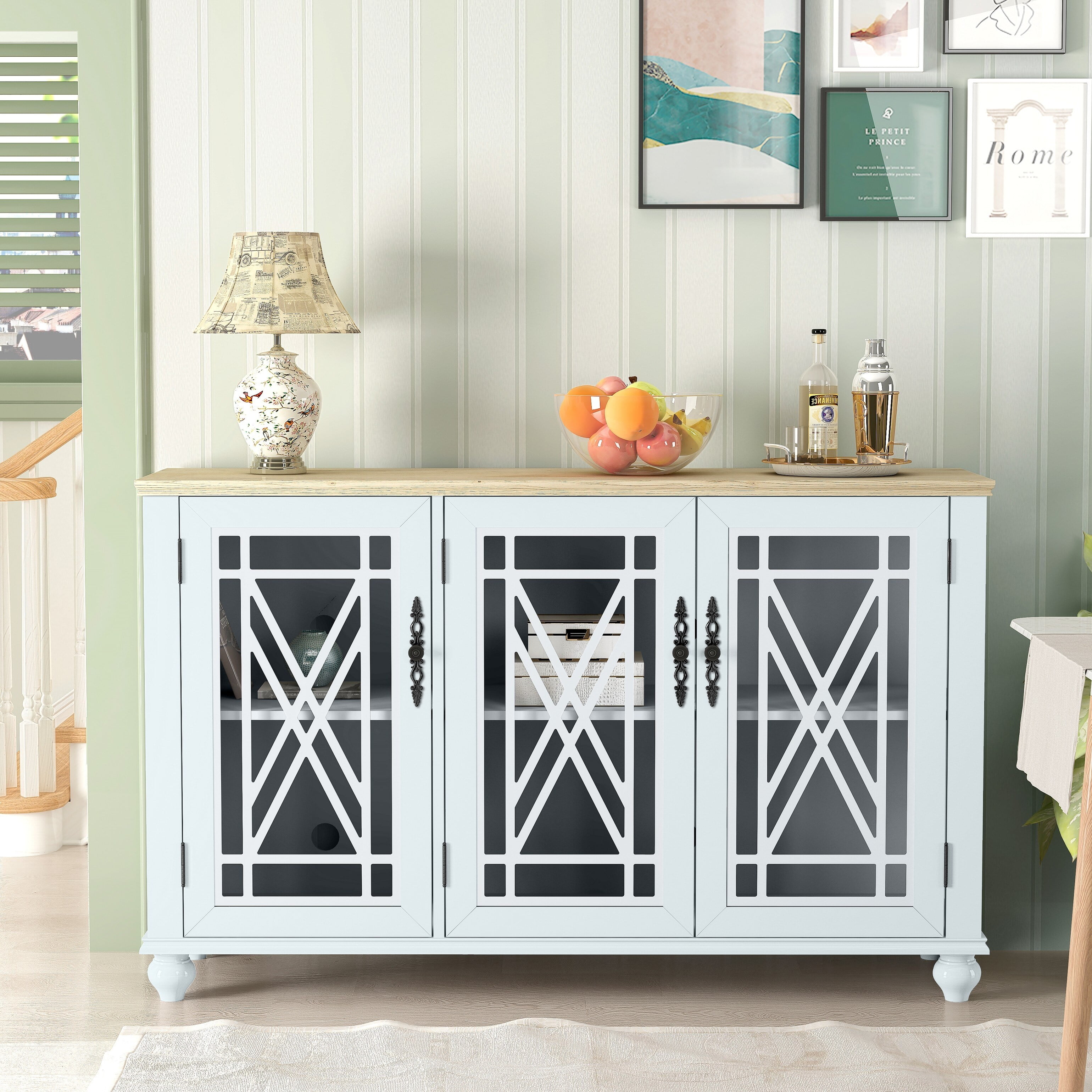 Grayish-White Vintage Wood and Glass Sideboard Cabinet