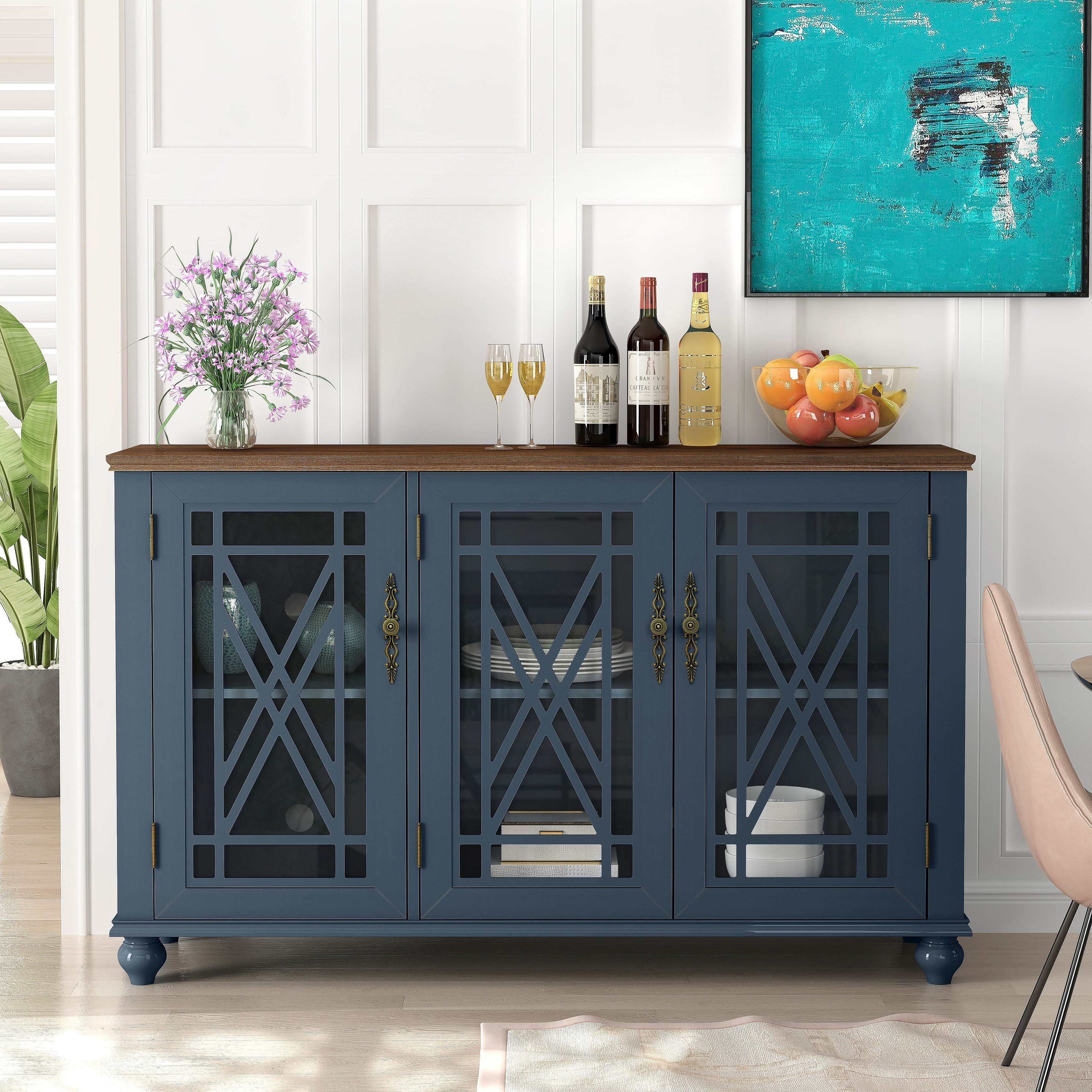 55" Navy and Wood Vintage Storage Sideboard Buffet Cabinet