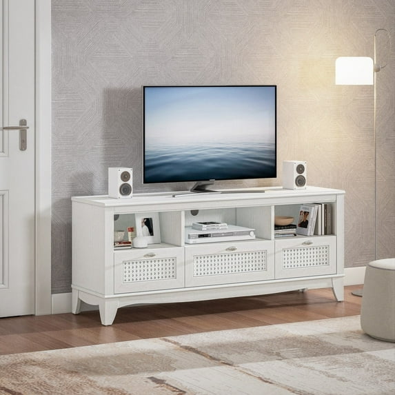 FESTIVO 55-inch Rustic Wood TV Stand with Wicker Door Design for TVs up to 65" White Casual, Novelty Storage, Media Cabinets