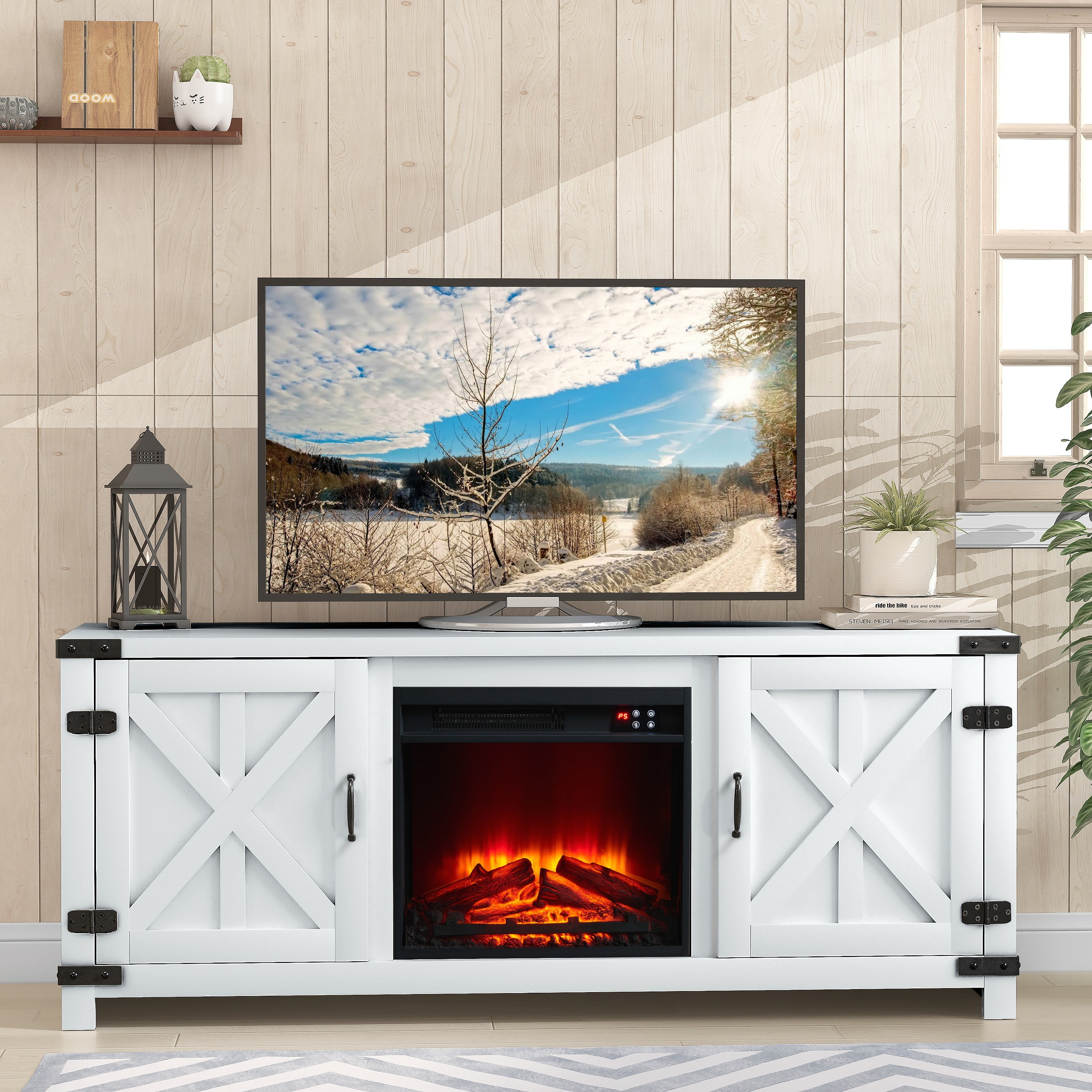 FESTIVO 58" Farmhouse TV Stand with Fireplace Grayishwhite