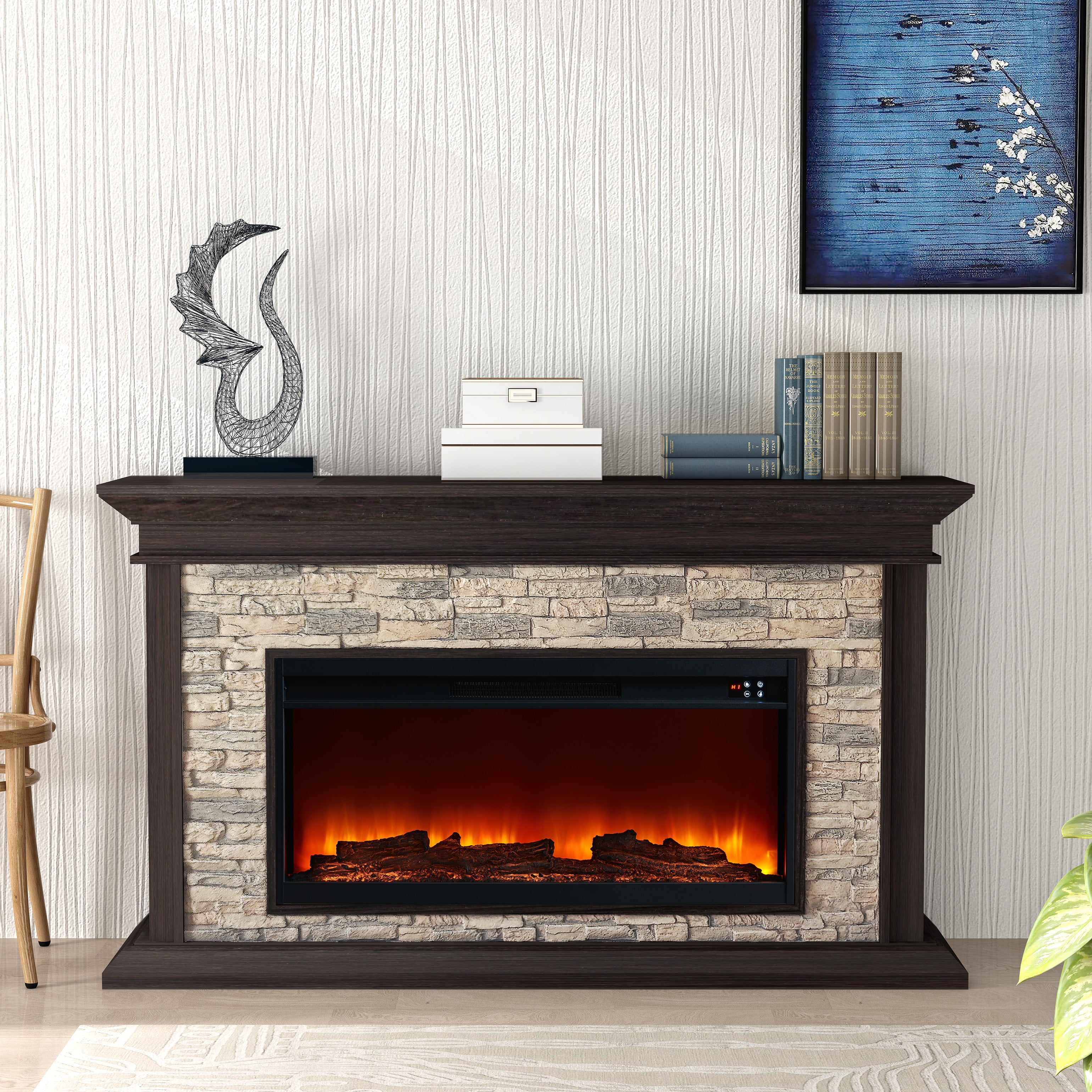 FESTIVO 60" Freestanding Electric Fireplace with Faux Brick Mantle - Brown