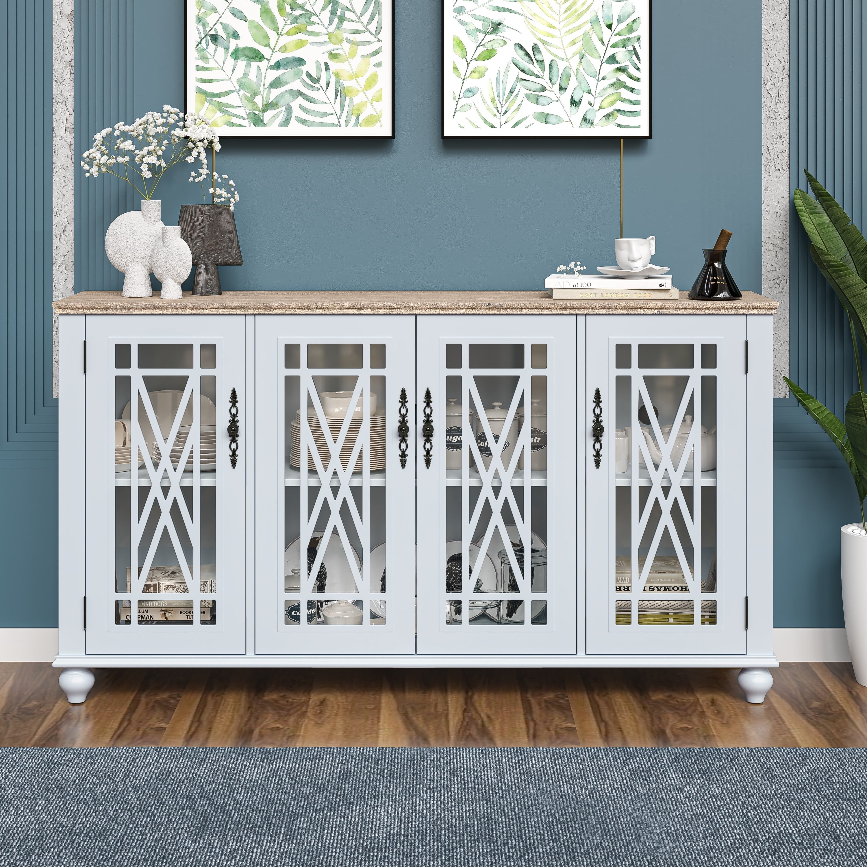 Festivo 63" Grayish-White Wood and Glass Sideboard Cabinet