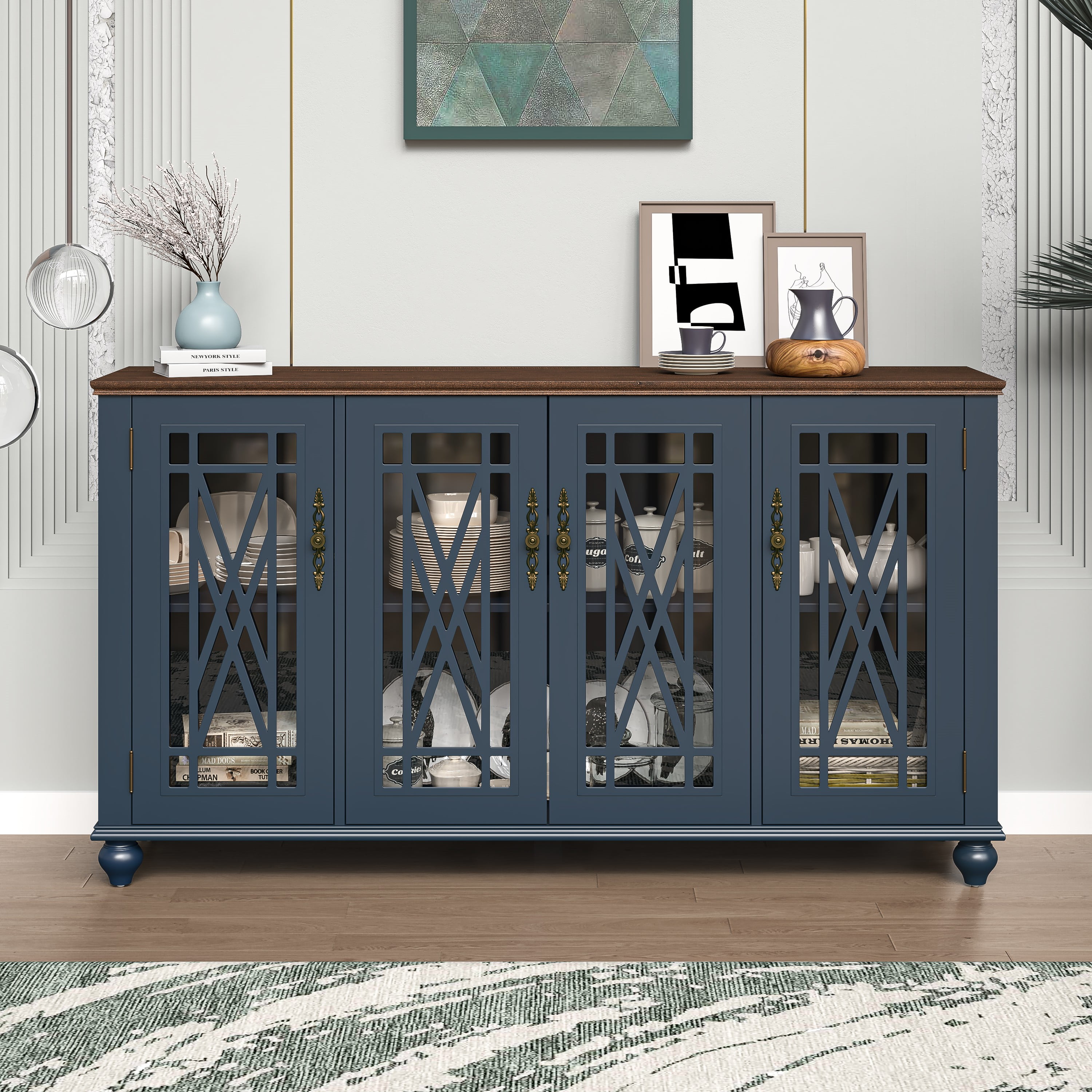63" Navy Vintage Wood Buffet Sideboard with Glass Doors