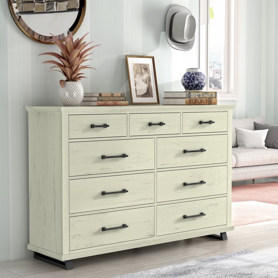 FESTIVO 64 inch Wide 9-Drawer Dresser Contemporary Design w/ Ample Storage - Antique White