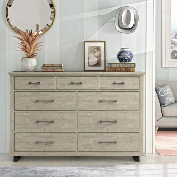 FESTIVO 64 in. Wide 9-Drawer Dresser - Contemporary Design w/ Ample Storage Beige