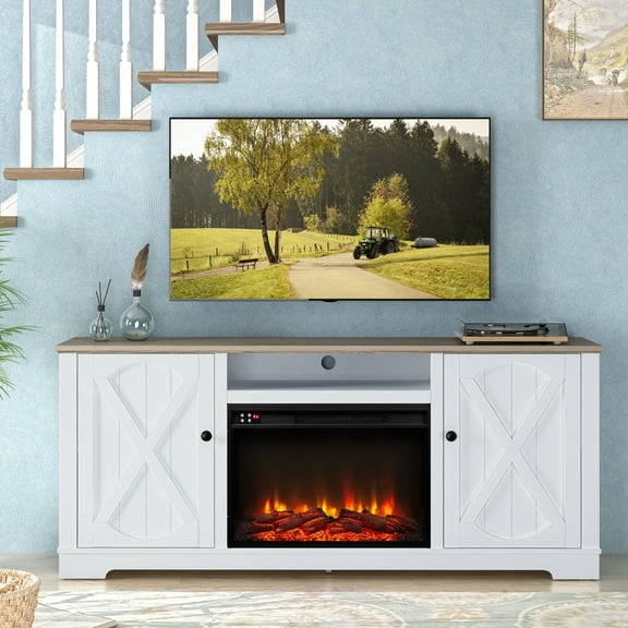 FESTIVO 70" Farmhouse TV Stand with Fireplace, Fits up to 75" TV - 70"W x 30"H x 14.5"D Grayish-white