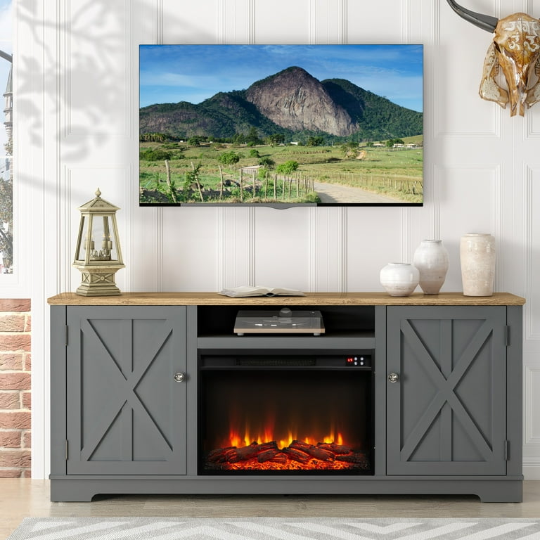 FESTIVO 70 in. Farmhouse TV Stand Console for TVs up to 78 inch w Fireplace Gray Walmart