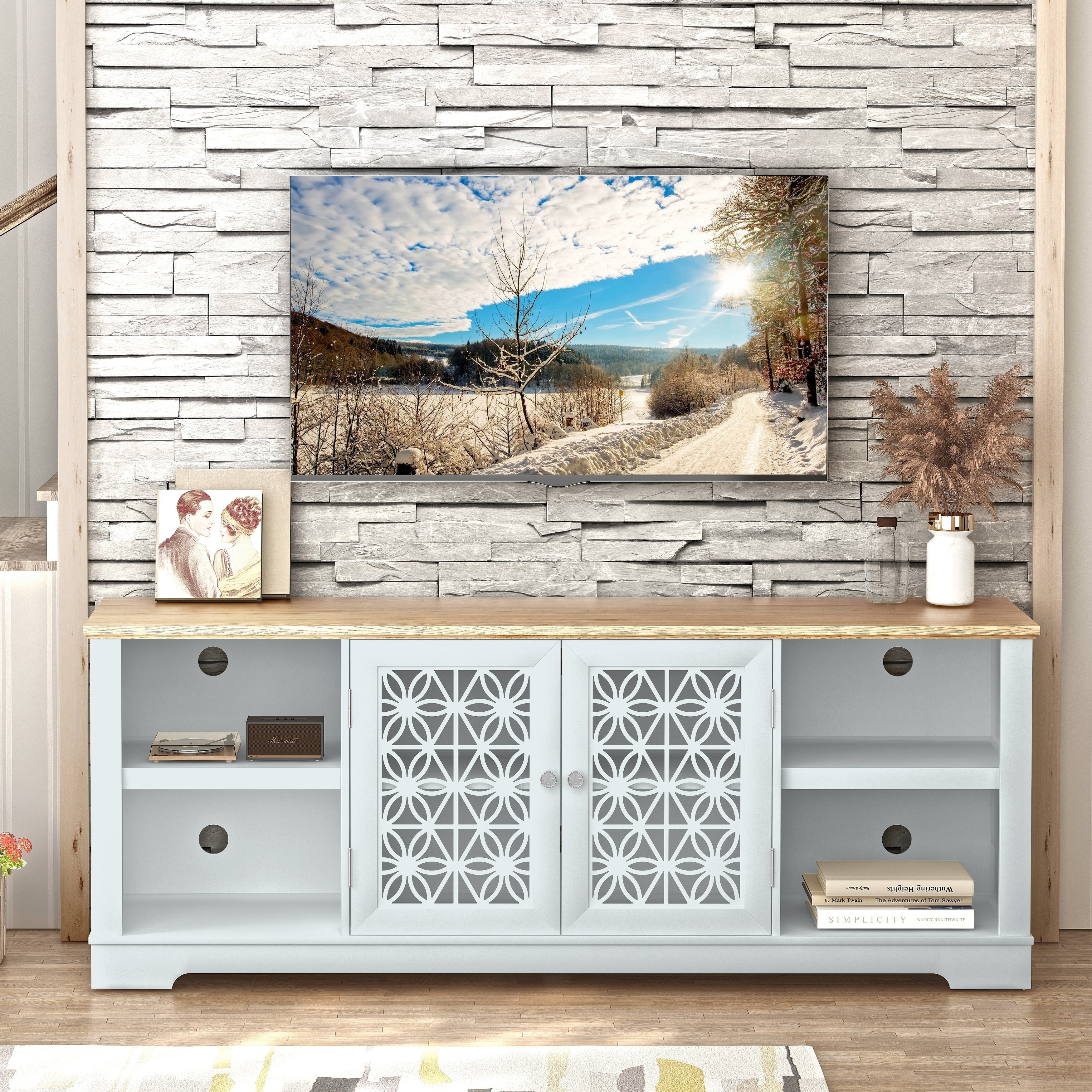 Grayish-White 70" TV Stand with Lattice Doors and Wood Top