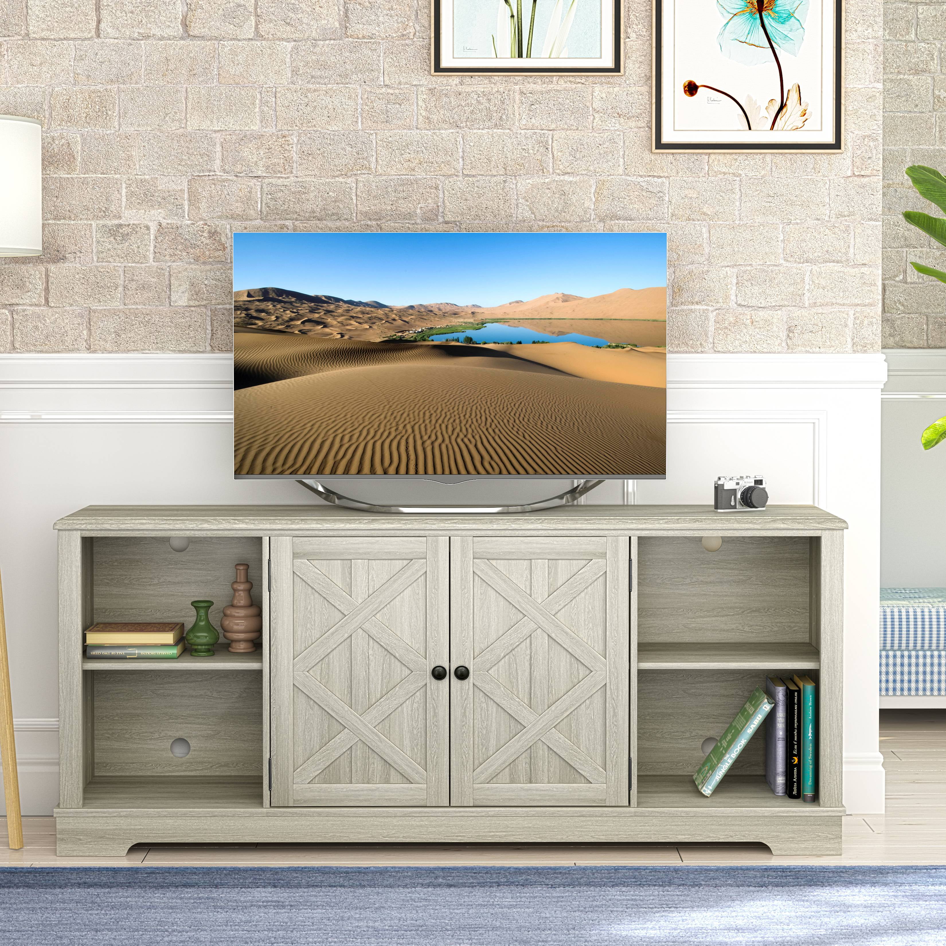 Gray 70" Farmhouse TV Stand with Cabinet and Shelves