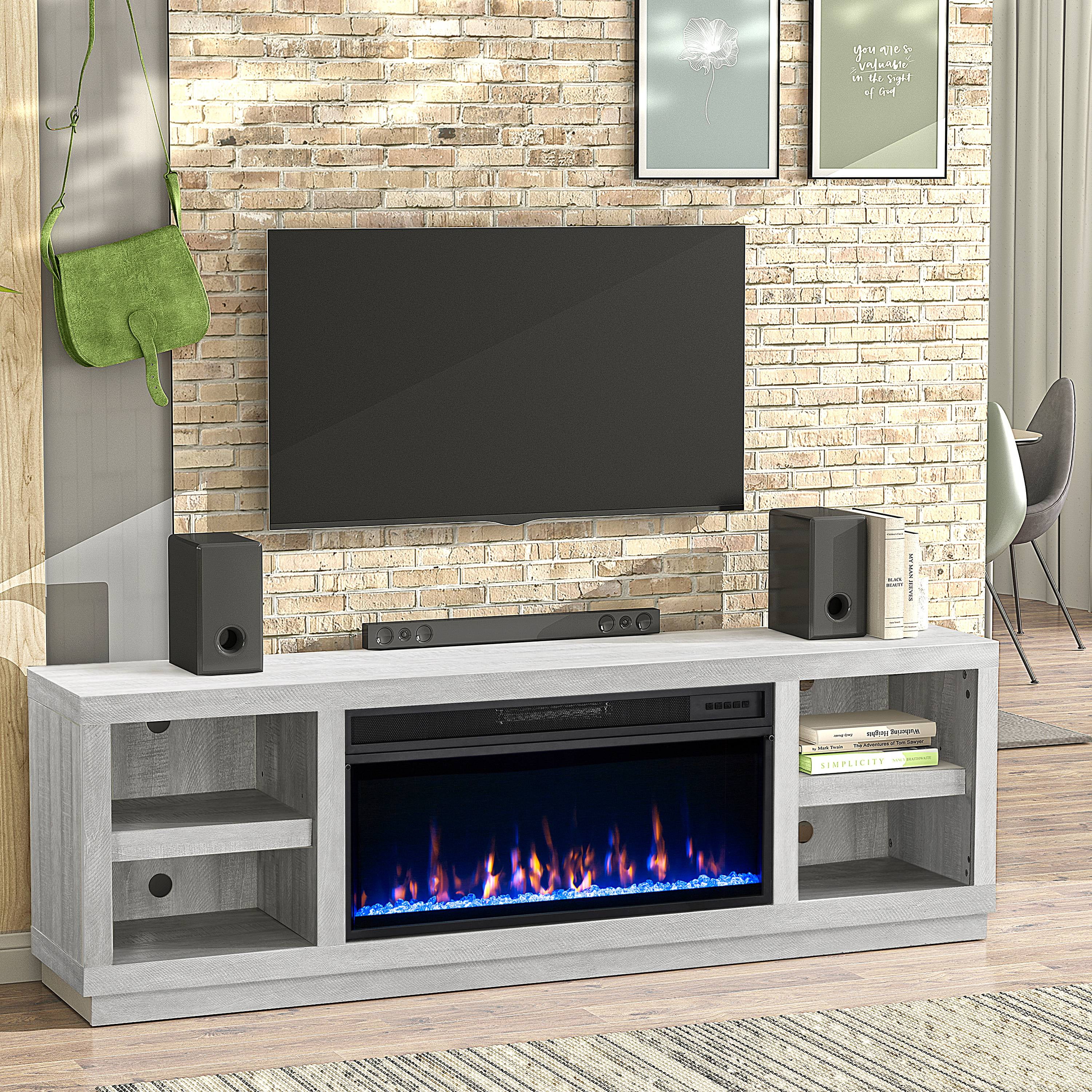 77-inch White Wooden TV Stand with Electric Fireplace