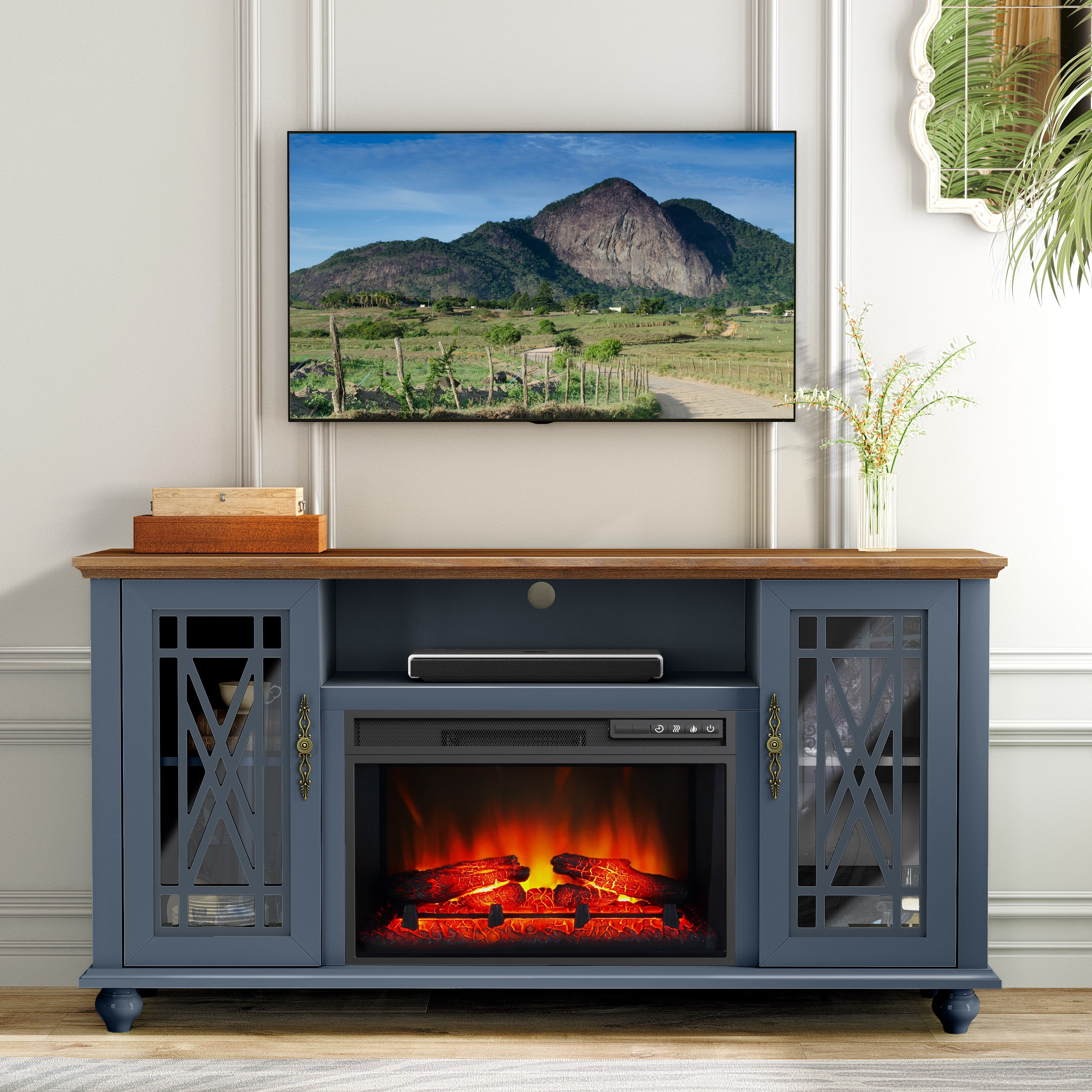 Navy and Natural Wood 62" TV Stand with Fireplace