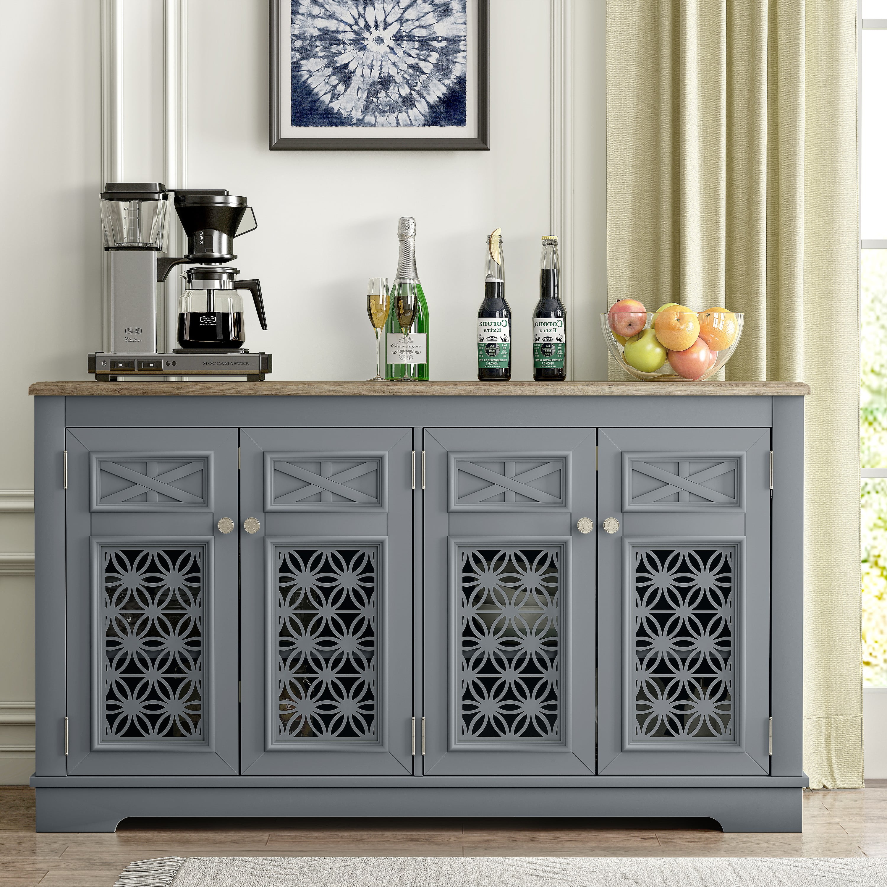 Vintage Gray Wood Buffet Sideboard with Glass Doors and Adjustable Shelves