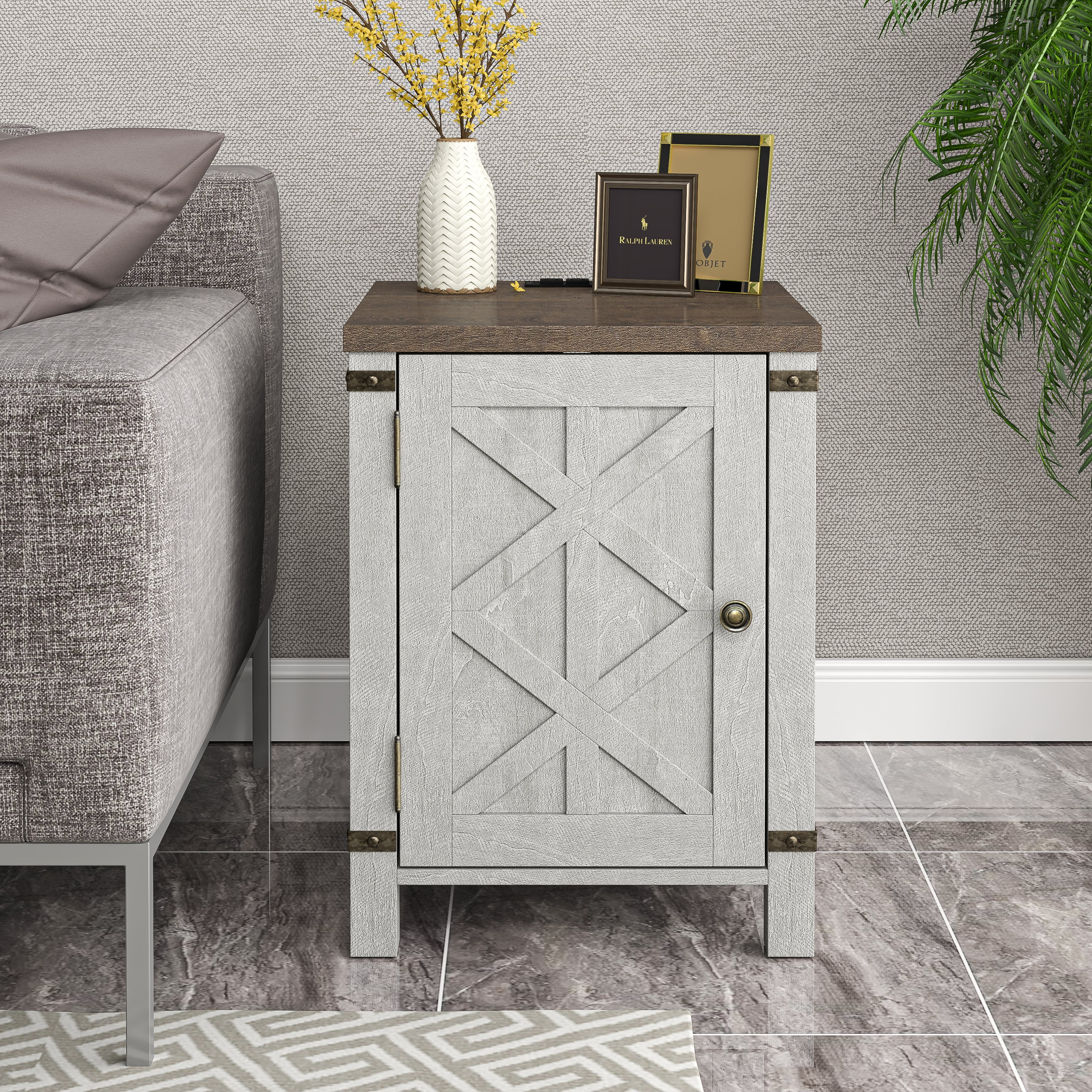 Farmhouse White and Brown Wood End Table with Storage