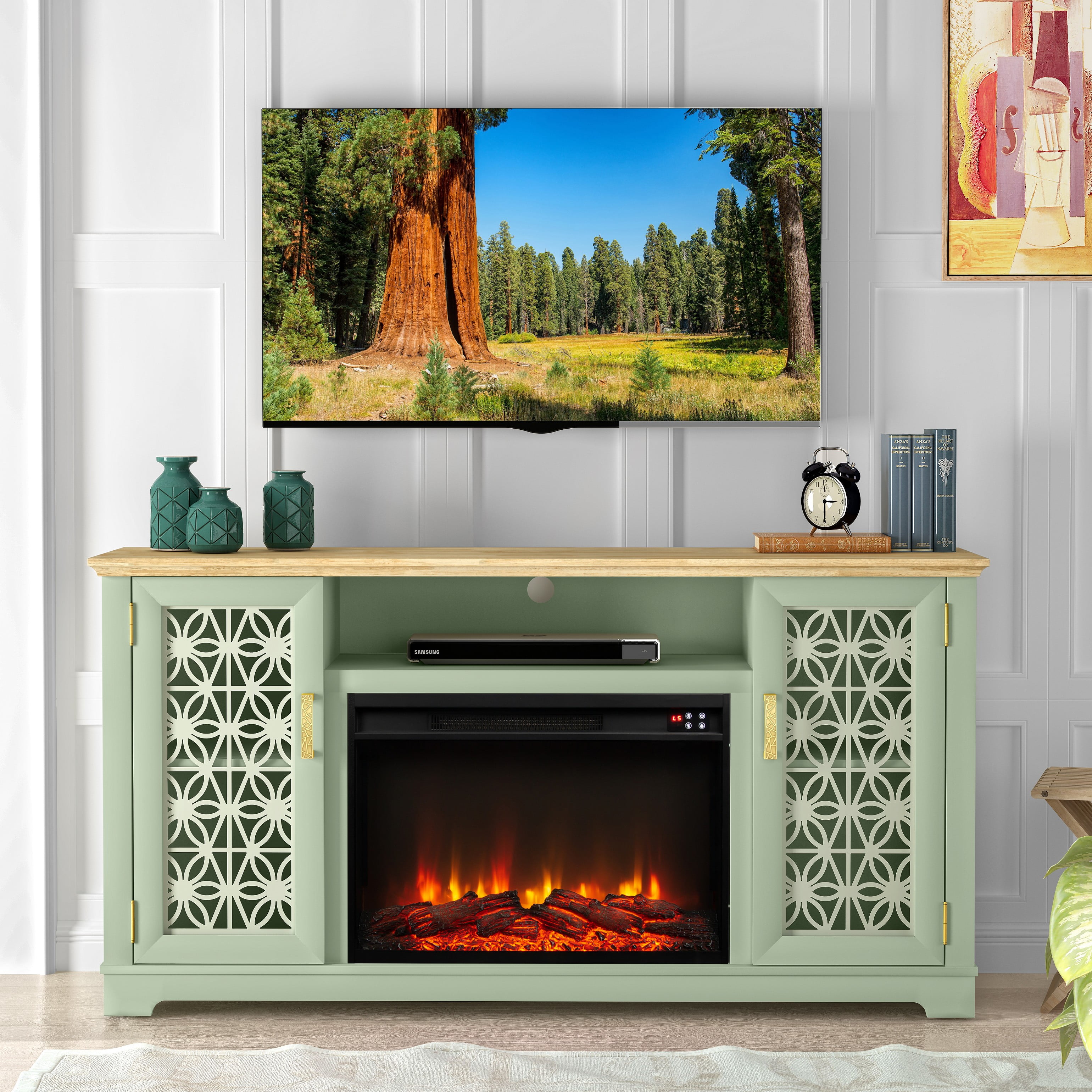 Green Farmhouse TV Stand with Electric Fireplace for 65" TVs