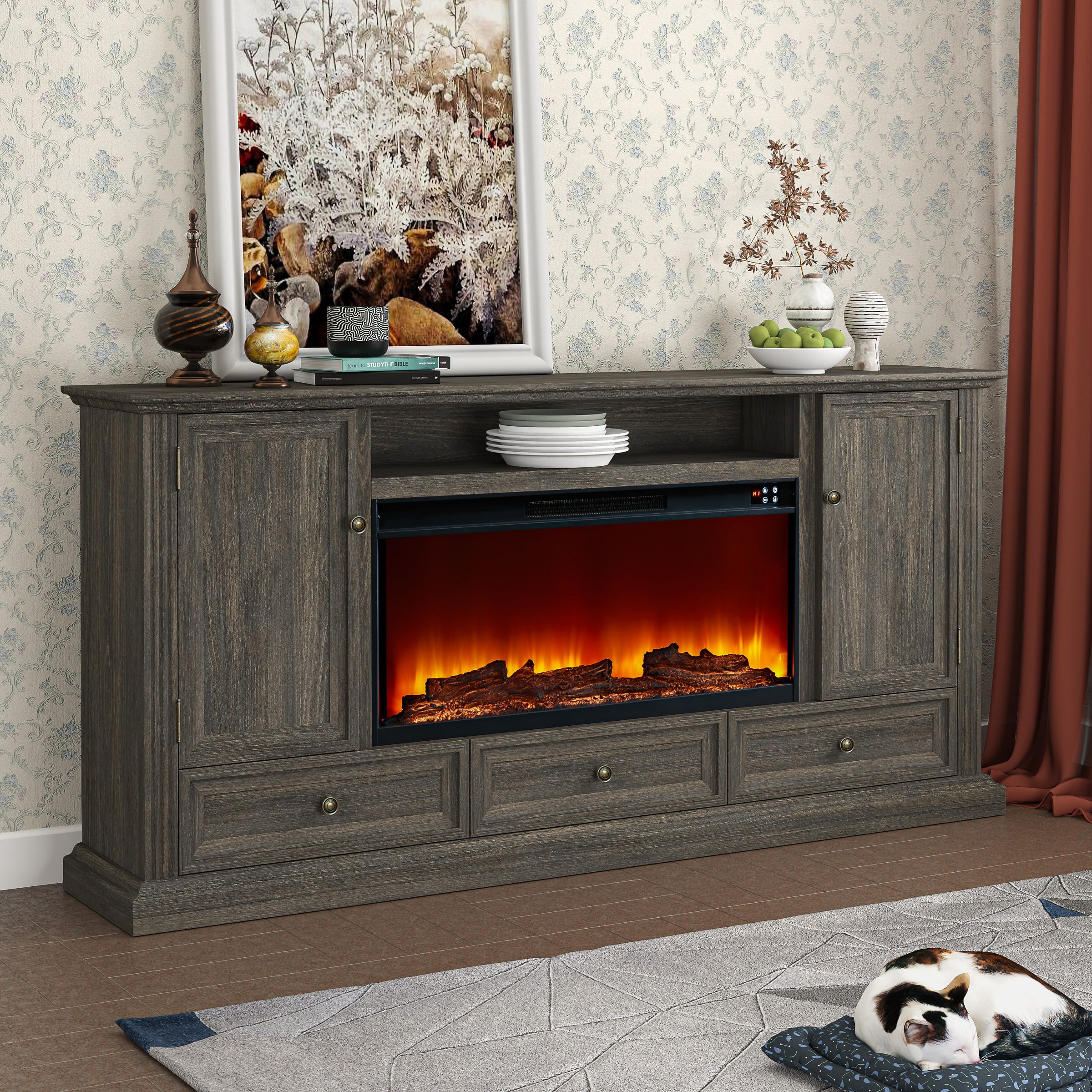 Festivo 72" Brown MDF TV Stand with Electric Fireplace