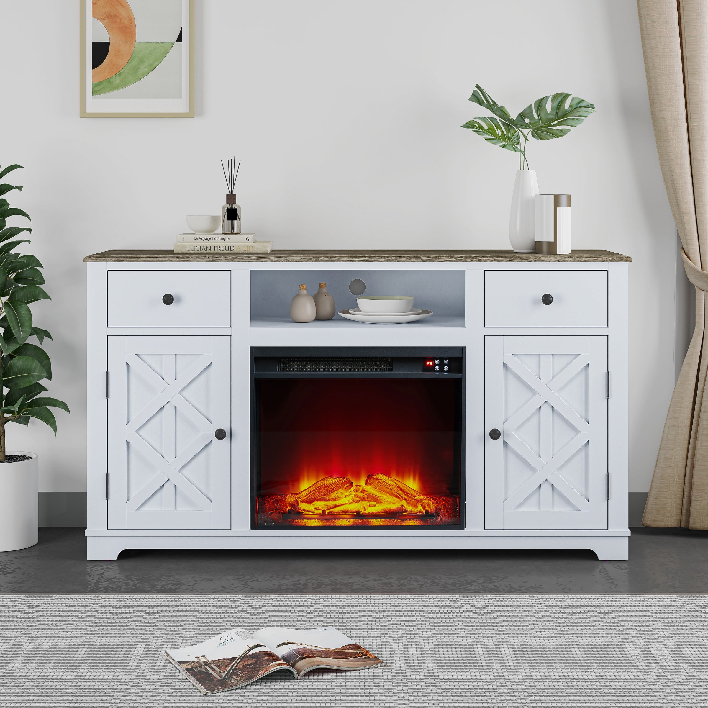 65" Off-White Farmhouse TV Stand with Electric Fireplace