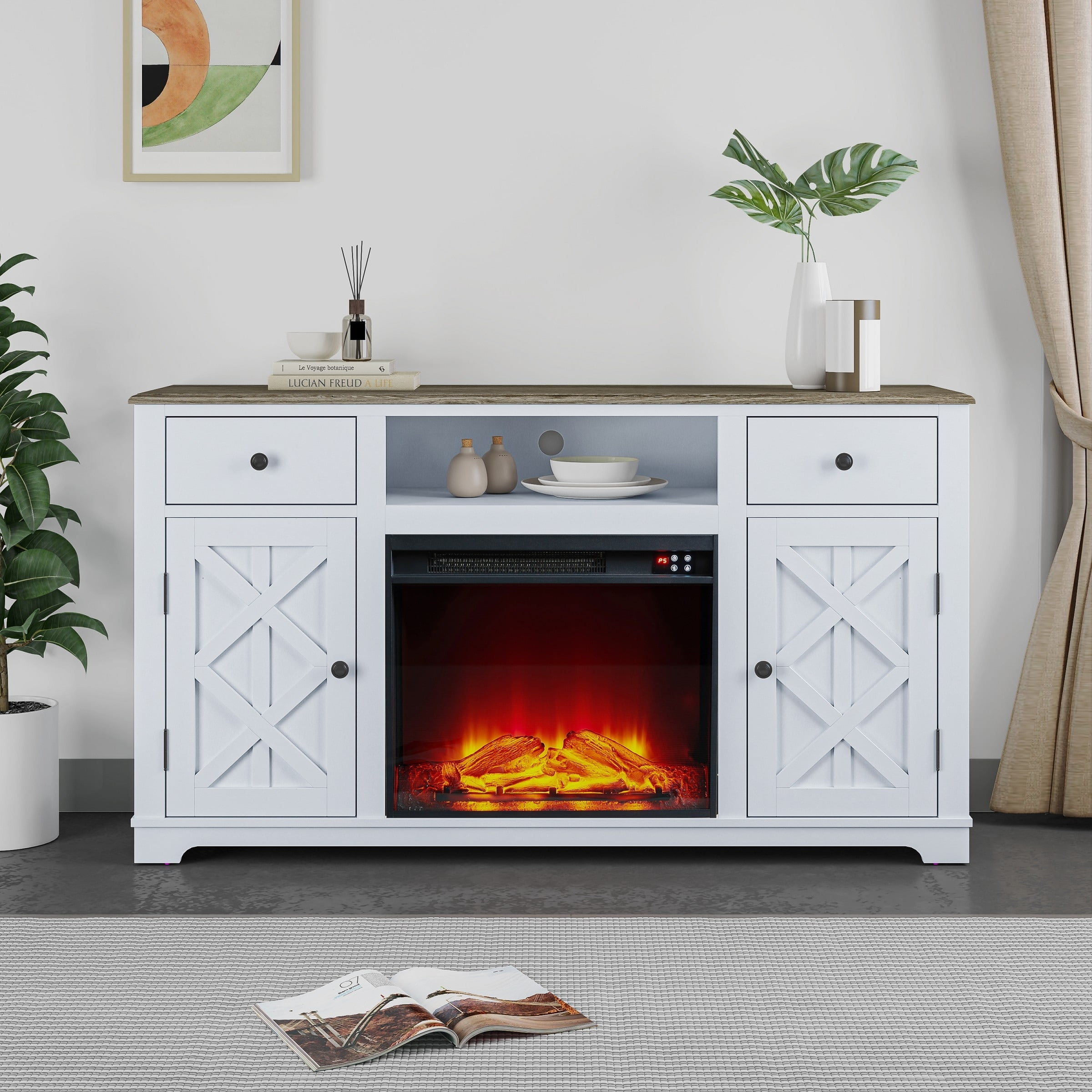 65" Off-White Farmhouse TV Stand with Electric Fireplace