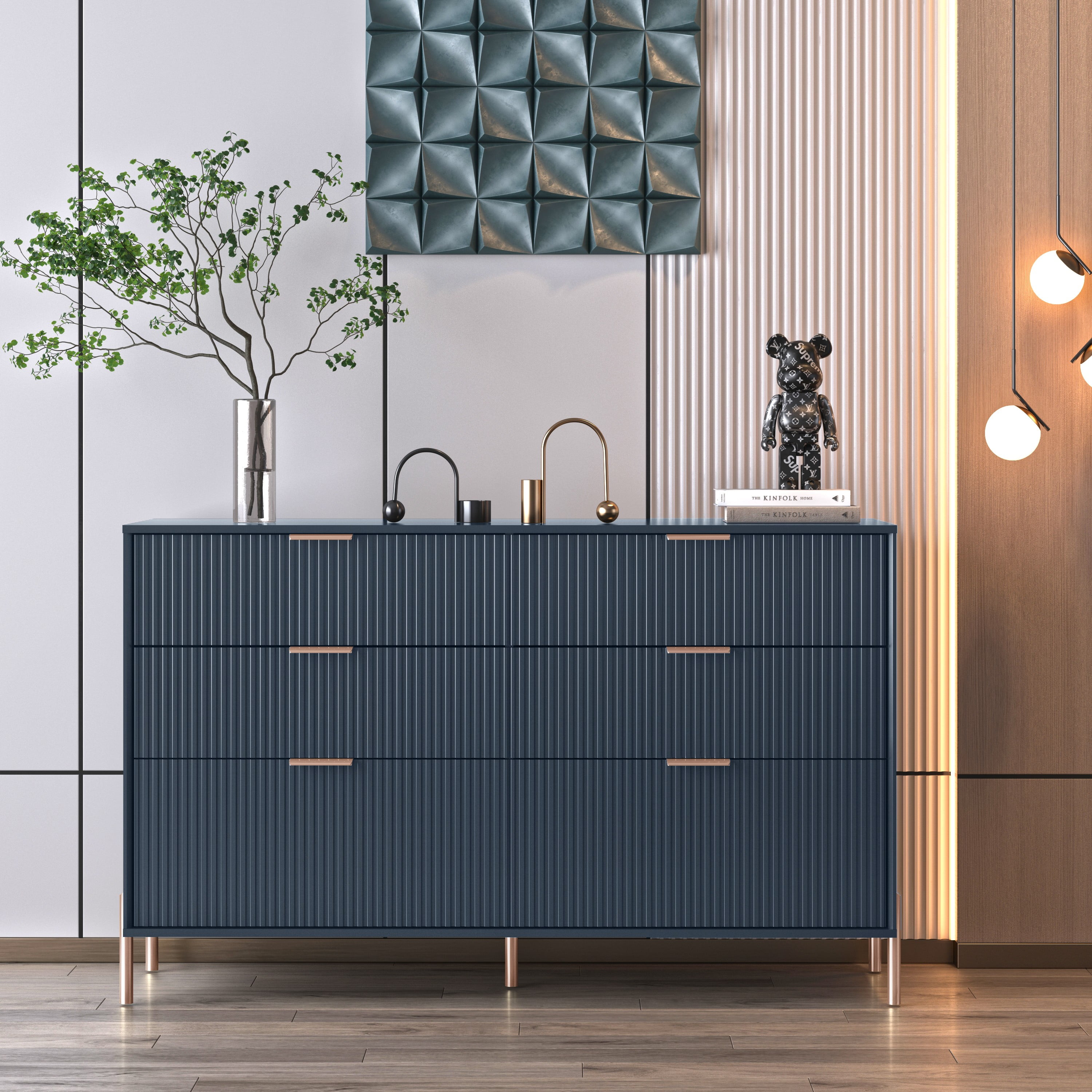Navy Double Dresser with Soft Close Drawers and Gold Accents