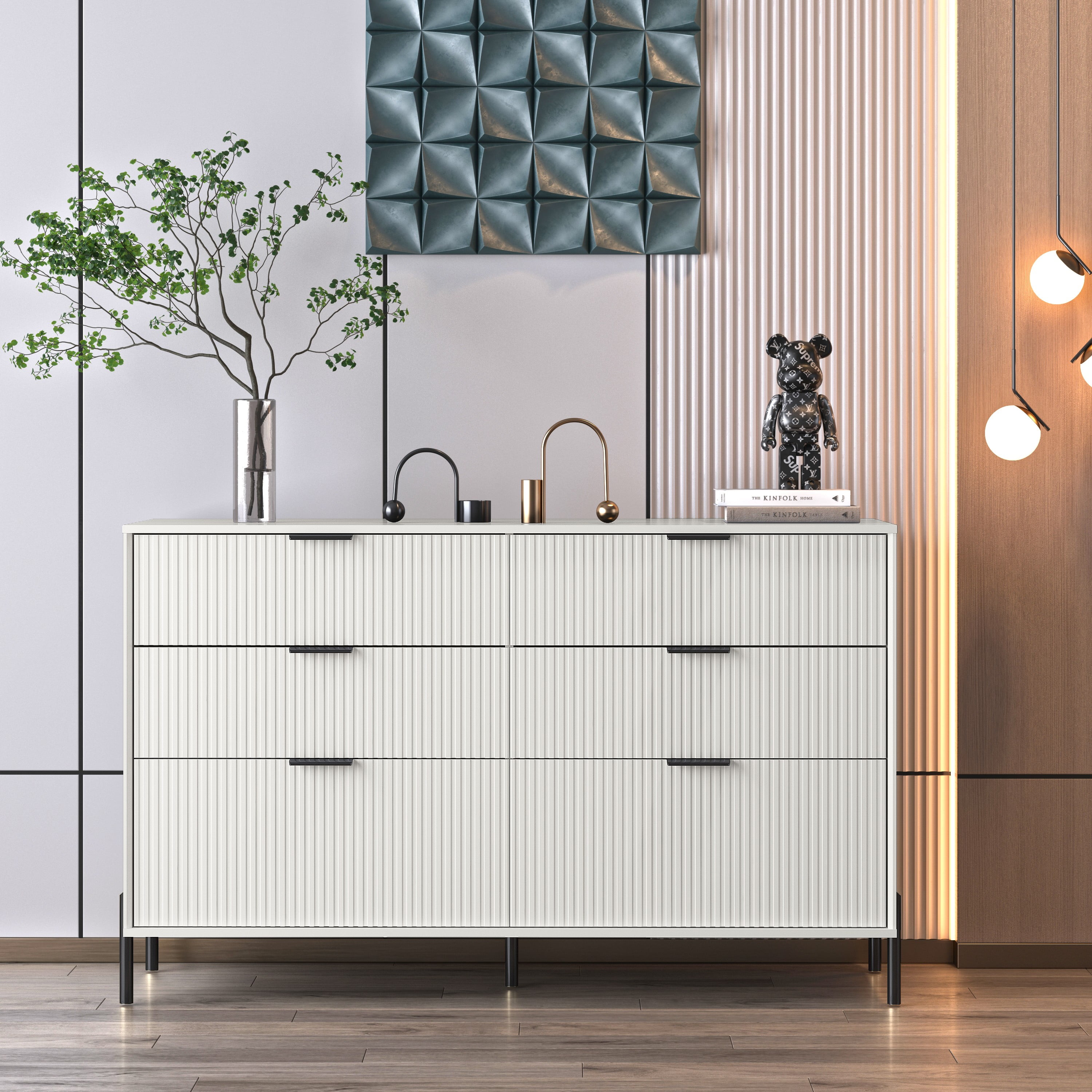 Off-White Vertical 6-Drawer Double Dresser with Soft Close