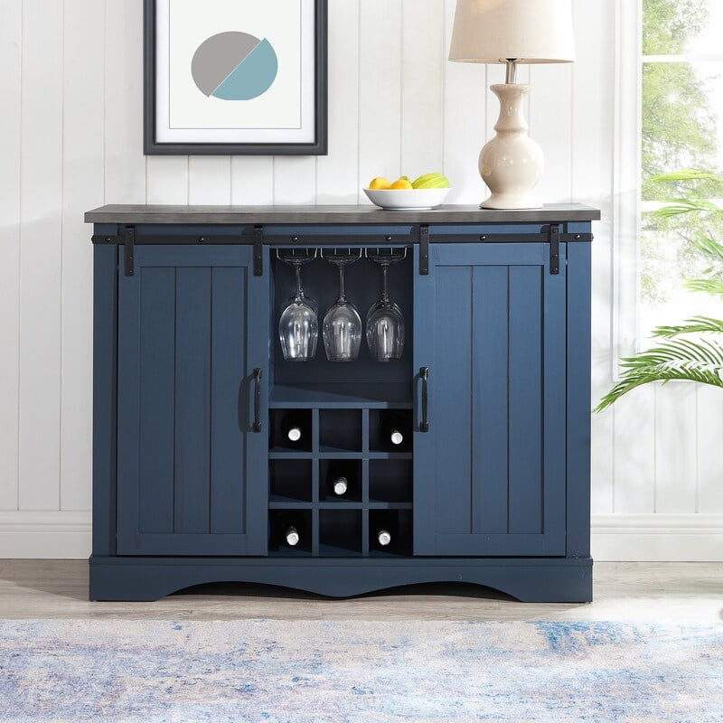 Navy Blue Rustic 47" Wood Bar Cabinet with Sliding Barn Door