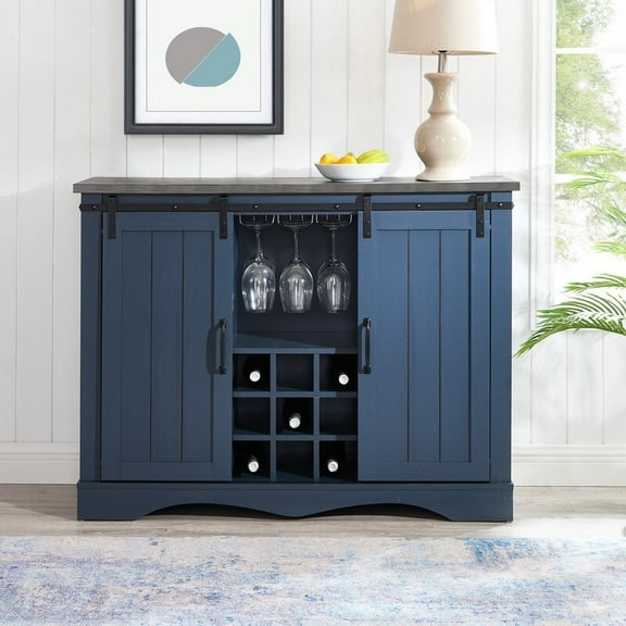 FESTIVO Rustic 47-inch Bar Cabinet with Sliding Barn Door Blue 47" in Width Blue Finish, Wood Finish, Metal Finish