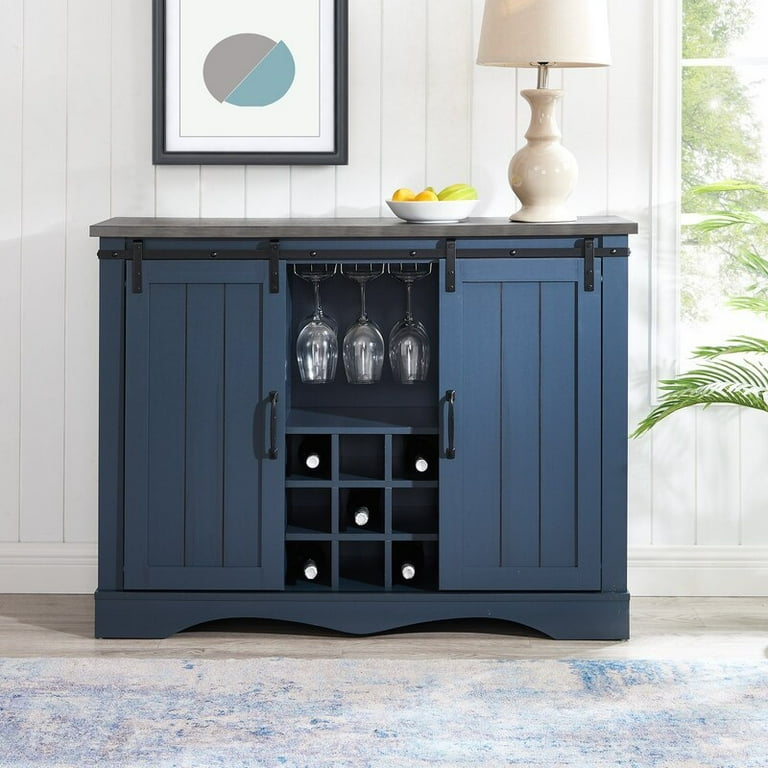 FESTIVO Rustic Liquor Wine Storage Furniture 47 inch Living Room Bar Cabinet with Sliding Barn Door Blue Finish Walmart