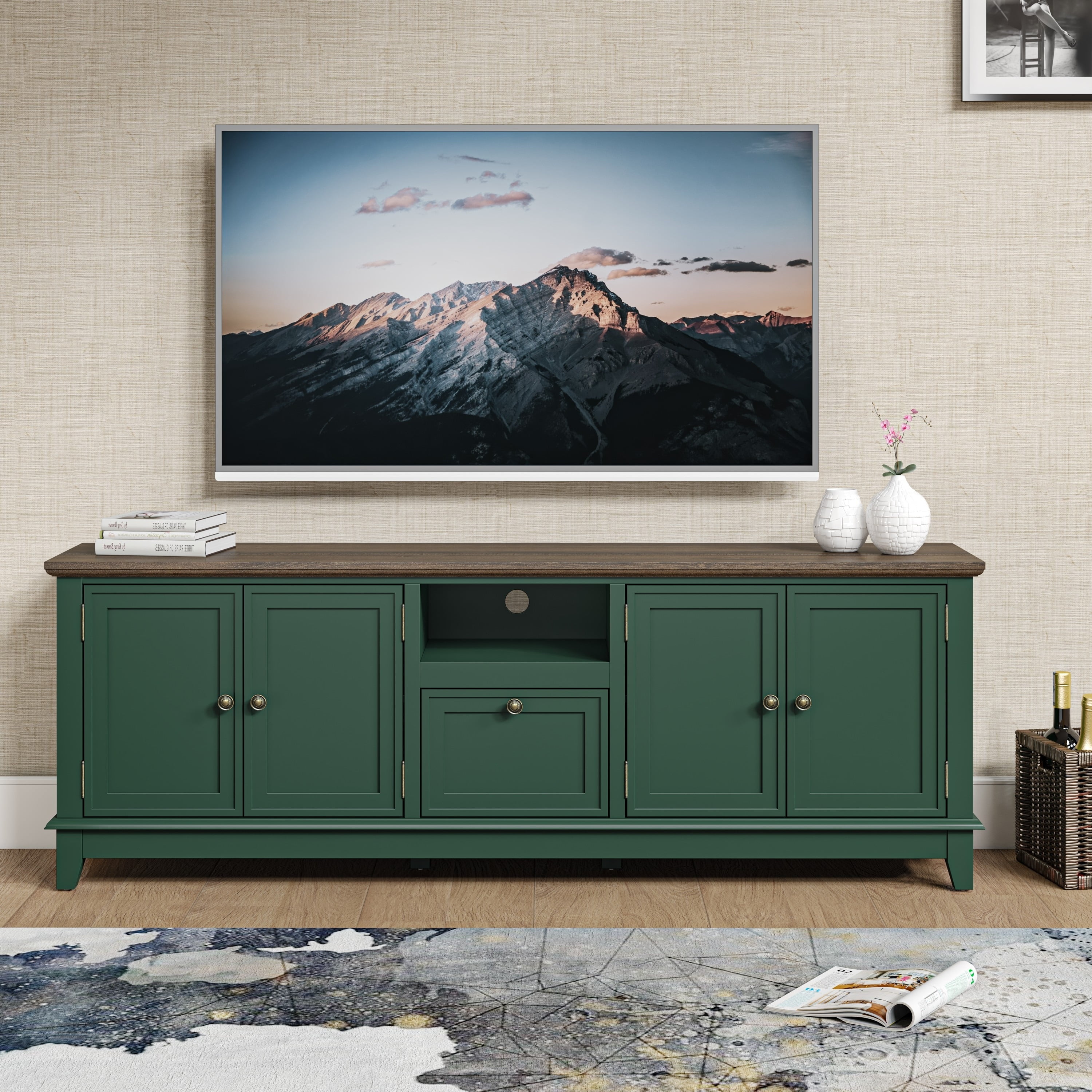 Festivo 72" Green Wood TV Stand with Hidden Drawer