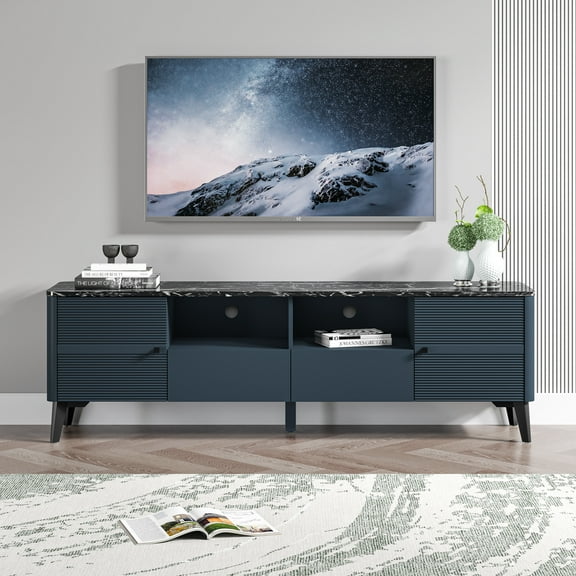 FESTIVO Stylish 70-Inch TV Stand with Marble-Printed Top - Navy Blue