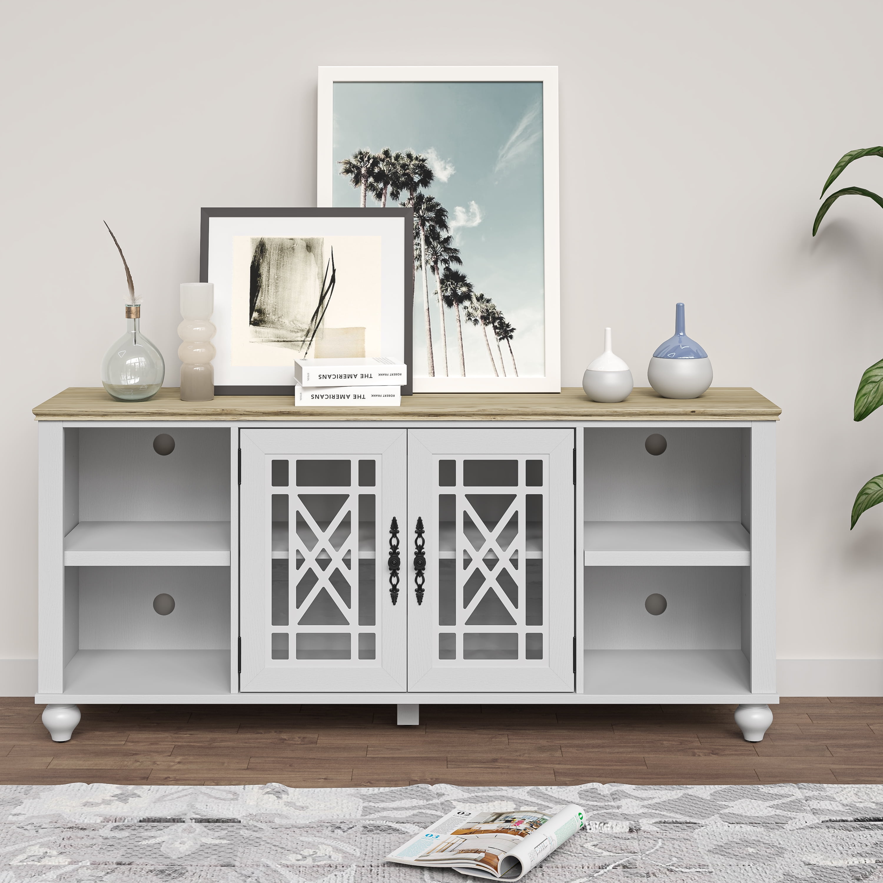 Vintage White and Oak 60" TV Stand with Carved Cabinet Doors