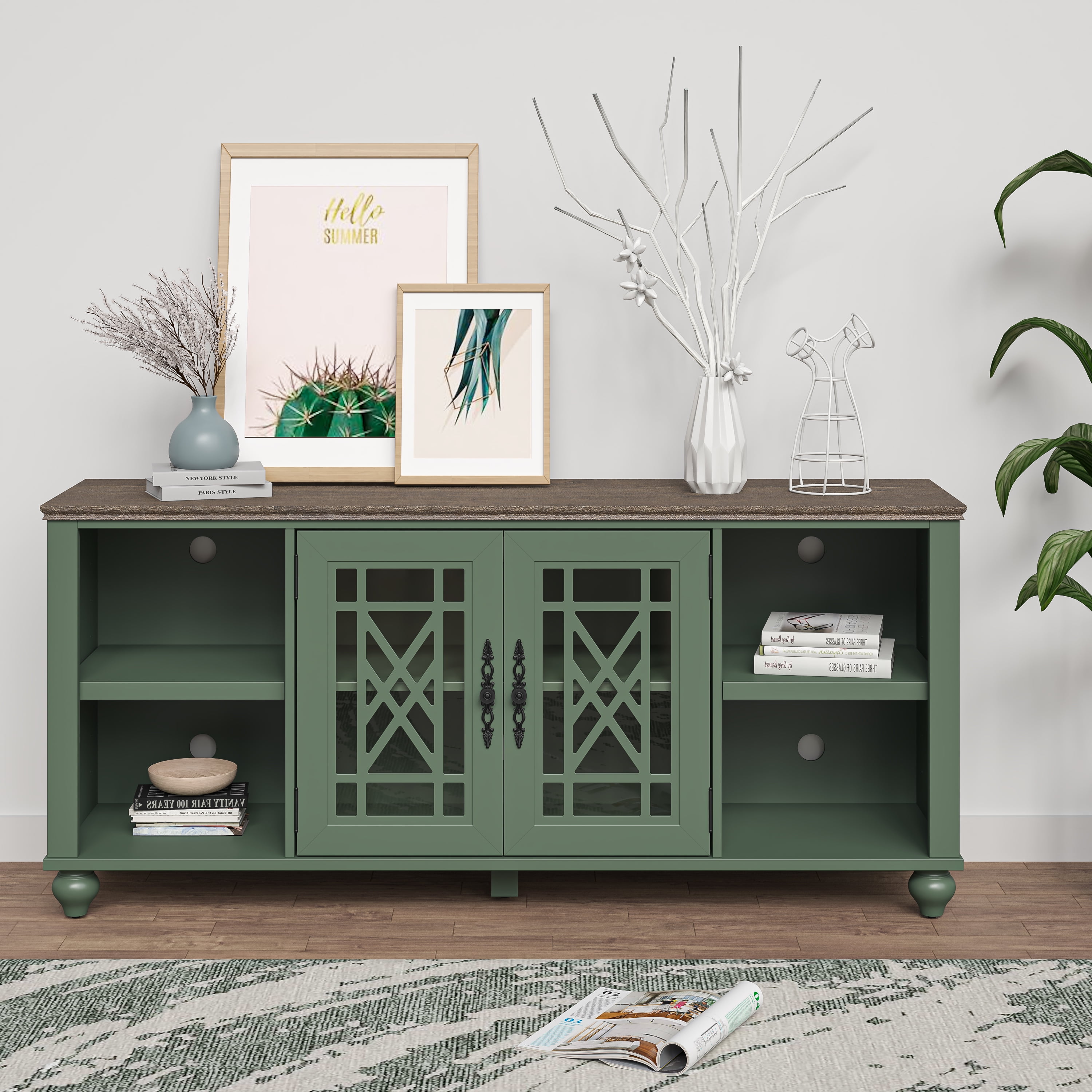 Festivo Green 60" Oak Vintage TV Stand with Carved Doors