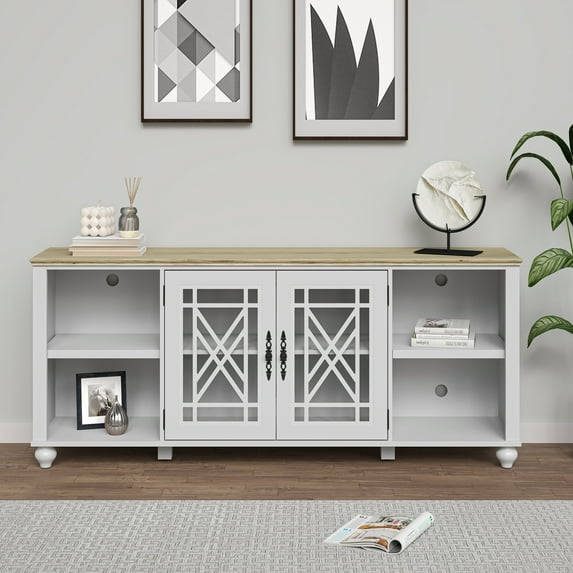 FESTIVO Vintage TV Stand with Carved Doors for Large Size TV 70"W x 30"H x 15.5"D - Grayish-white