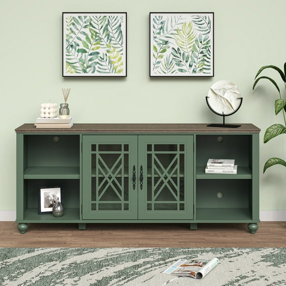 FESTIVO Vintage TV Stand with Carved Doors for Large Size TV 70"W x 30"H x 15.5"D - Green