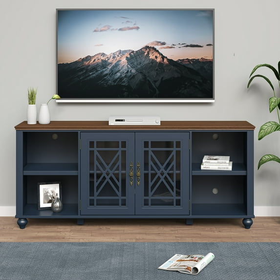FESTIVO Vintage TV Stand with Carved Doors for Large Size TV 70"W x 30"H x 15.5"D - Navy