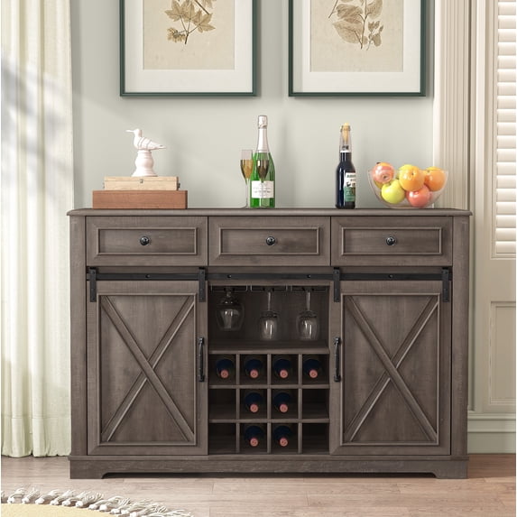 FESTIVO Wine Bar Cabinet w/Sliding Barn Door, 60" Kitchen Coffee Bar Cabinet w/Wine & Glass Rack, Storage Shelves, 3 Drawers, Rustic Large Buffet Sideboard for Dining Room, Brown Color