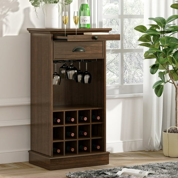 FESTIVO Wine Cabinet w/ Metal Glass Holder & Lattice Rack - Dark Wood