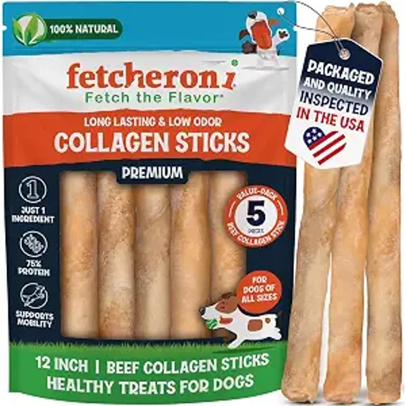 FETCHERONI 12" Collagen Sticks for Dogs  Low Odor Long-Lasting Bully Stick & Rawhide Alternative, Single Ingredient Beef Bone, High Protein Dental Treat, Vet Approved, Improves Joint Health  5 Pack