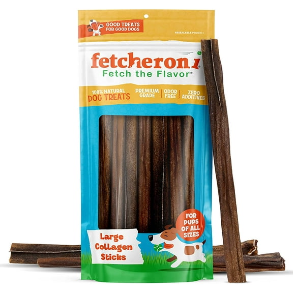 FETCHERONI Dog Chews Long Lasting Bully Stick and Rawhide Alternative. Healthy Beef Collagen Sticks for Dogs. 12 Inch Tasty Dog Treat That Your Dog Will Love. (10 Pack)