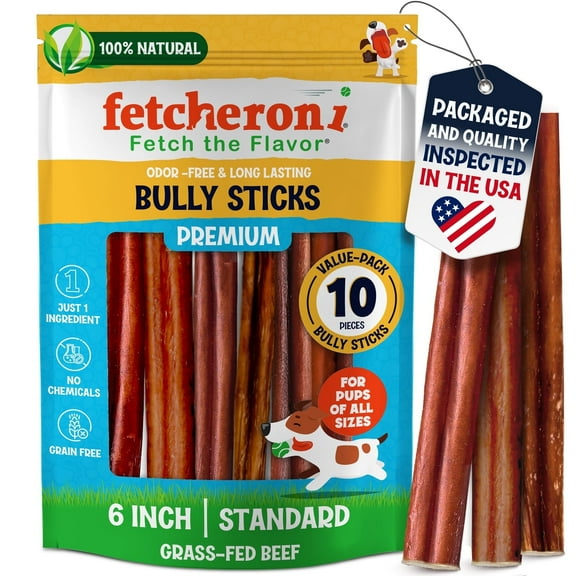 FETCHERONI Odor-Free Bully Sticks (6 Inch, 10 Pack), 7 Ounces Bag Fully Digestible 100% Beef Pizzle Chews, Grass-Fed, Non-GMO, Grain-Free, Natural Long-Lasting Chews for Small & Large Dogs