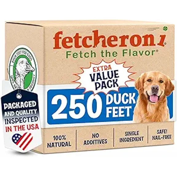 FETCHERONI Premium Duck Feet for Dogs - Natural Dehydrated Treats - Whole Poultry Digestible Chews - for Pets (250 Count)